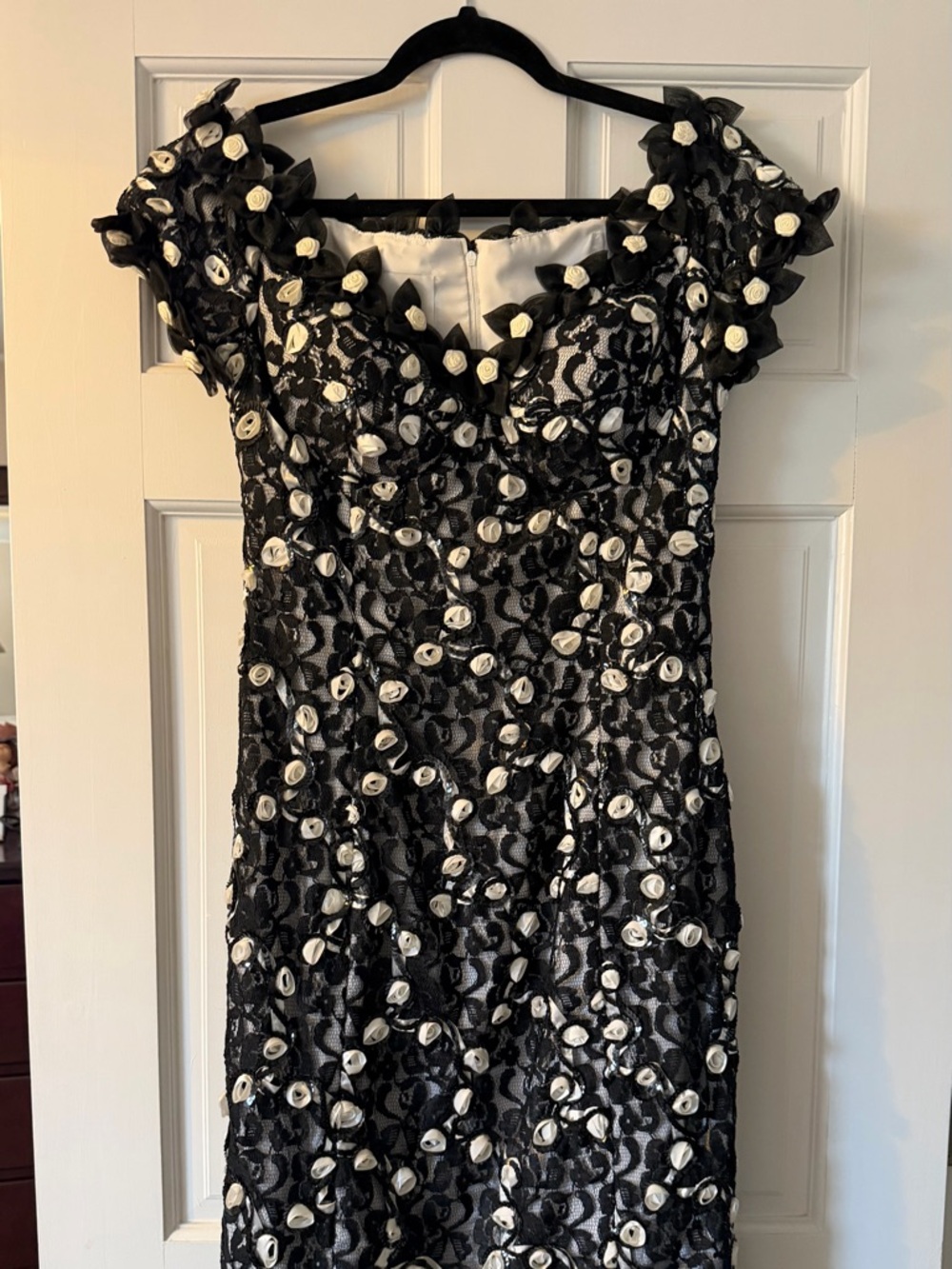 Vintage Couture YT by Travilla Elegant Black Lace Dress White Floral Accents